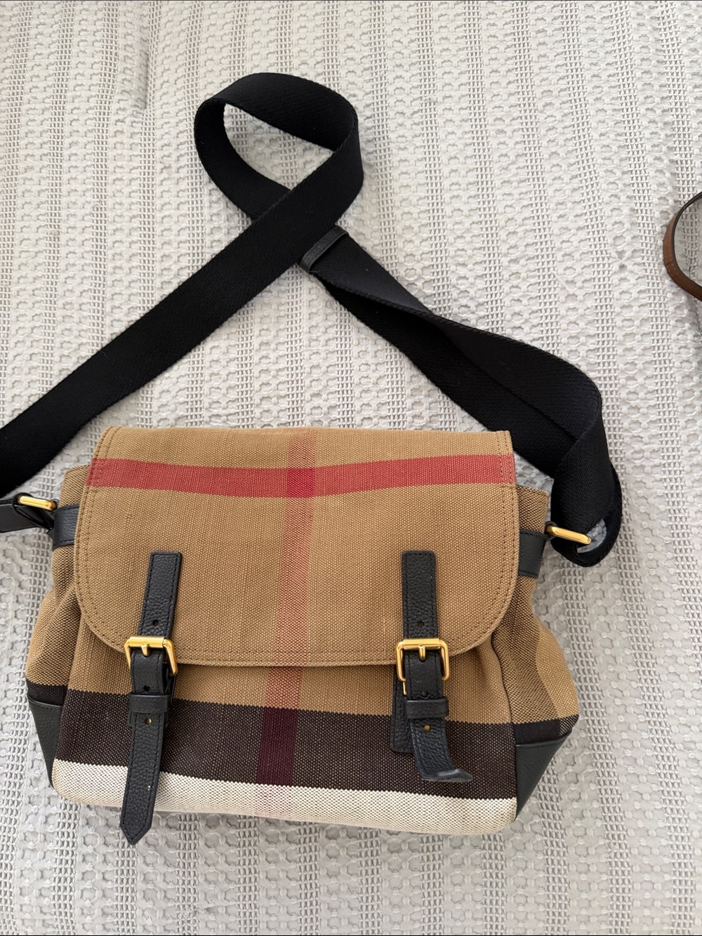 Burberry Brown Tan Check Canvas Messenger with Black Strap